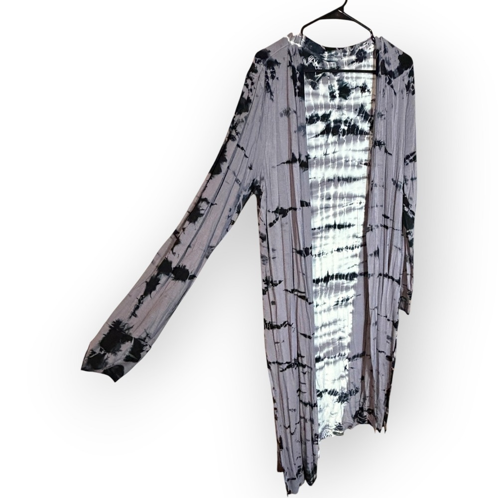 Grey Black Tie Dye Ribbed‎ Open Front Longline Duster Cardigan L Vamp Hoth